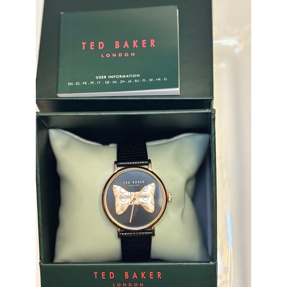 Ted Baker Phylipa Ladies Black Lizard Leather Strap Watch/Rose Gold Bow-Tie - Picture 7 of 16